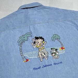 Vintage 90s Too Cute Betty Boop Hula Girl Button Up Denim‎ Shirt Womens Medium